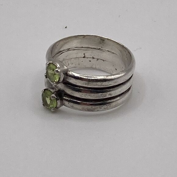 Vintage Sterling Silver Two Peridot Wide Cigar Band Stacked Looking Ring 6 1/2 - Picture 3 of 7